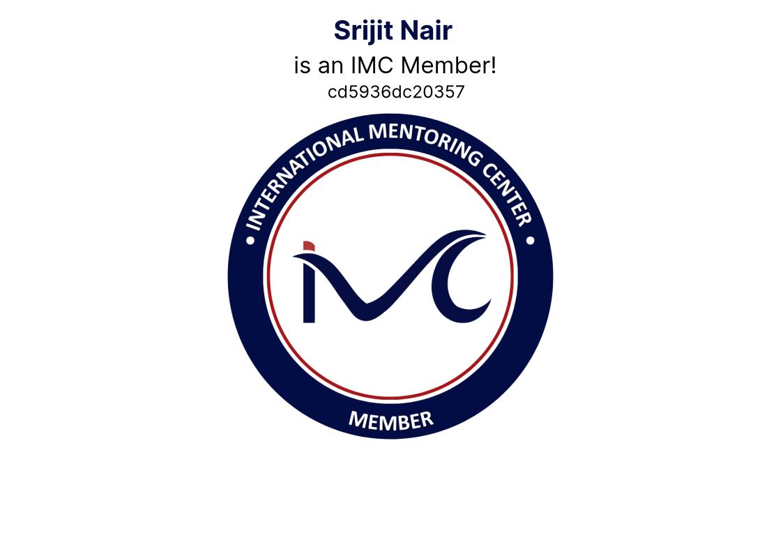 Awarded IMC Individual Member status — a verified digital credential issued by the International Mentoring Center recognising commitment to ethical, evidence-based mentoring practice. Credential ID: cd5936dc20357.